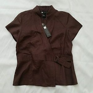 Carole Little Linen Wrap Top Brown Medium NWT